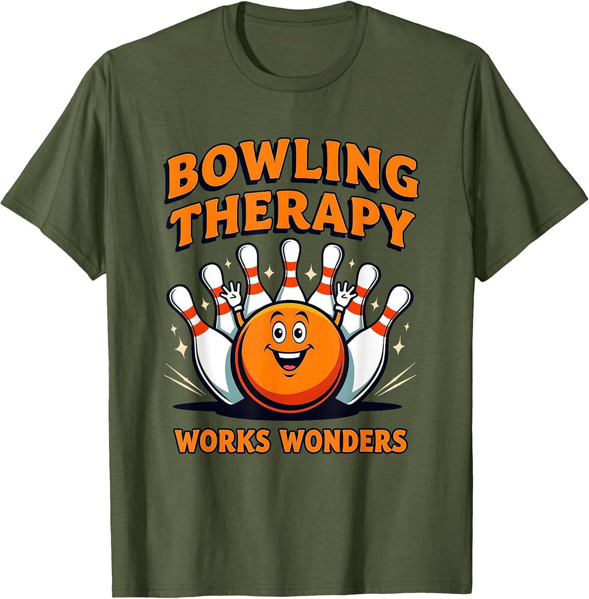Bowling Therapy Works Wonders Strike Design T-Shirt - Olive Green