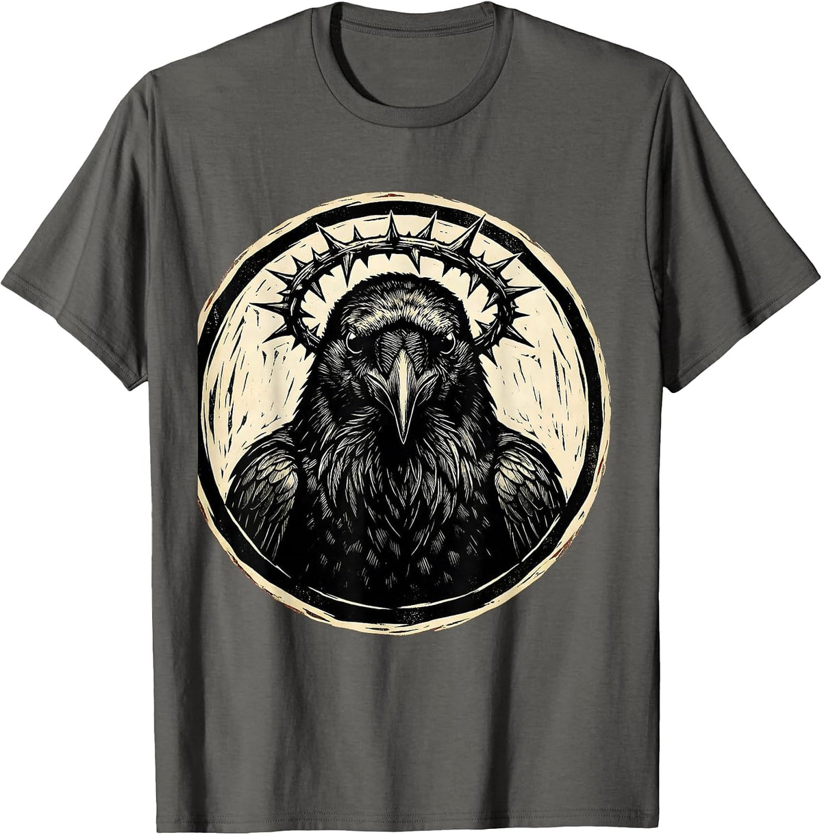 Men's Crow Wearing Crown of Thorns Illustration T-Shirt - Asphalt Grey