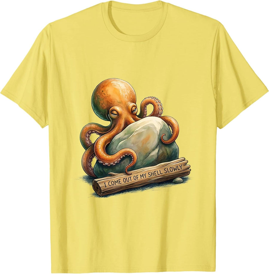 Men's I Come Out Of My Shell Slowly Whimsical Octopus Lover T-Shirt - Lemon Yellow