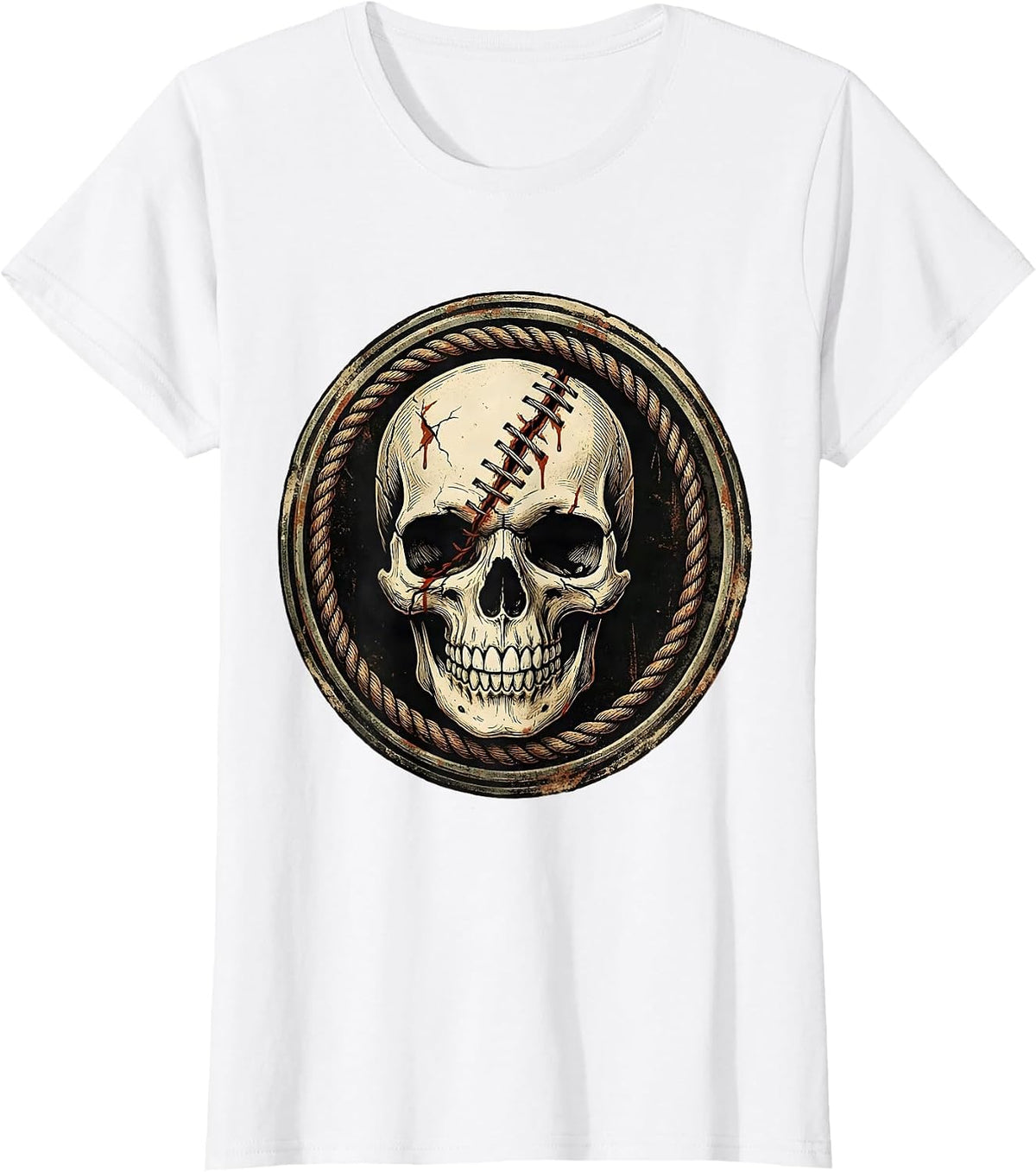 Smiling Skull Stitched Crack Bloody Horror Graphic T-Shirt - White