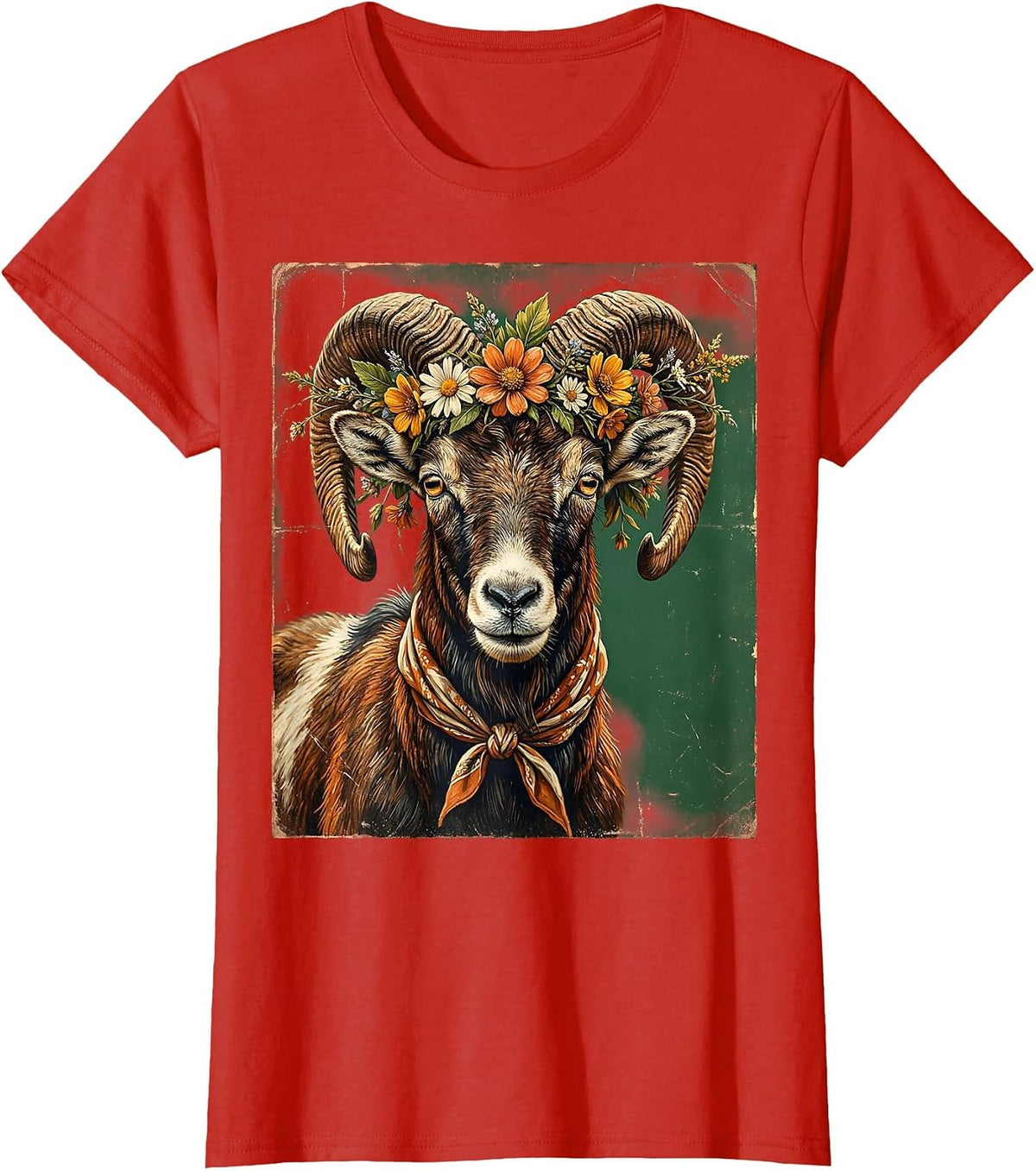 Women's Boho Flower Wreath Goat Graphic T-Shirt - Red