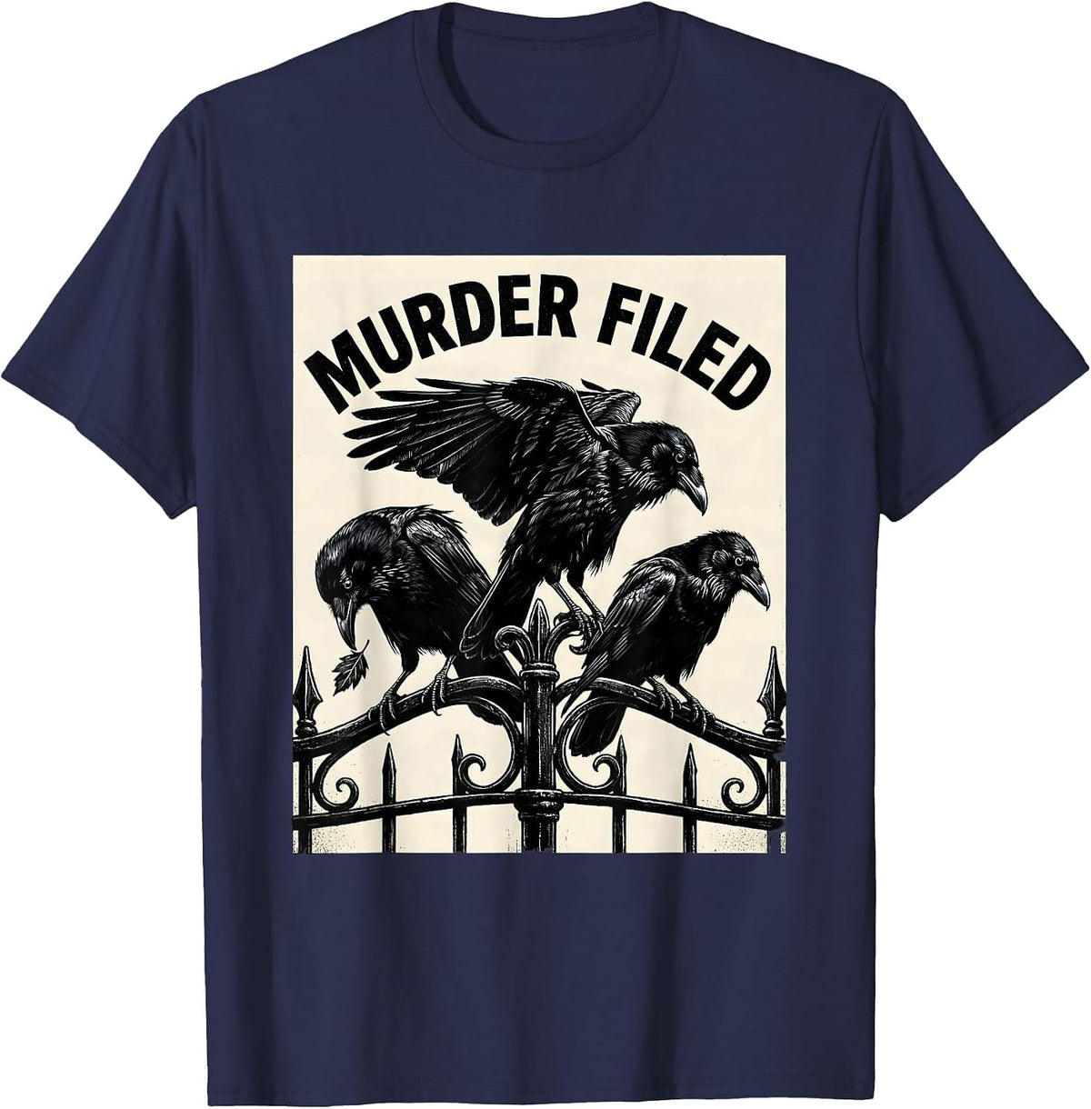 Men's Murder Filed Scratchboard Crow Dark Humor Gothic Bird Lover T-Shirt - Navy Blue