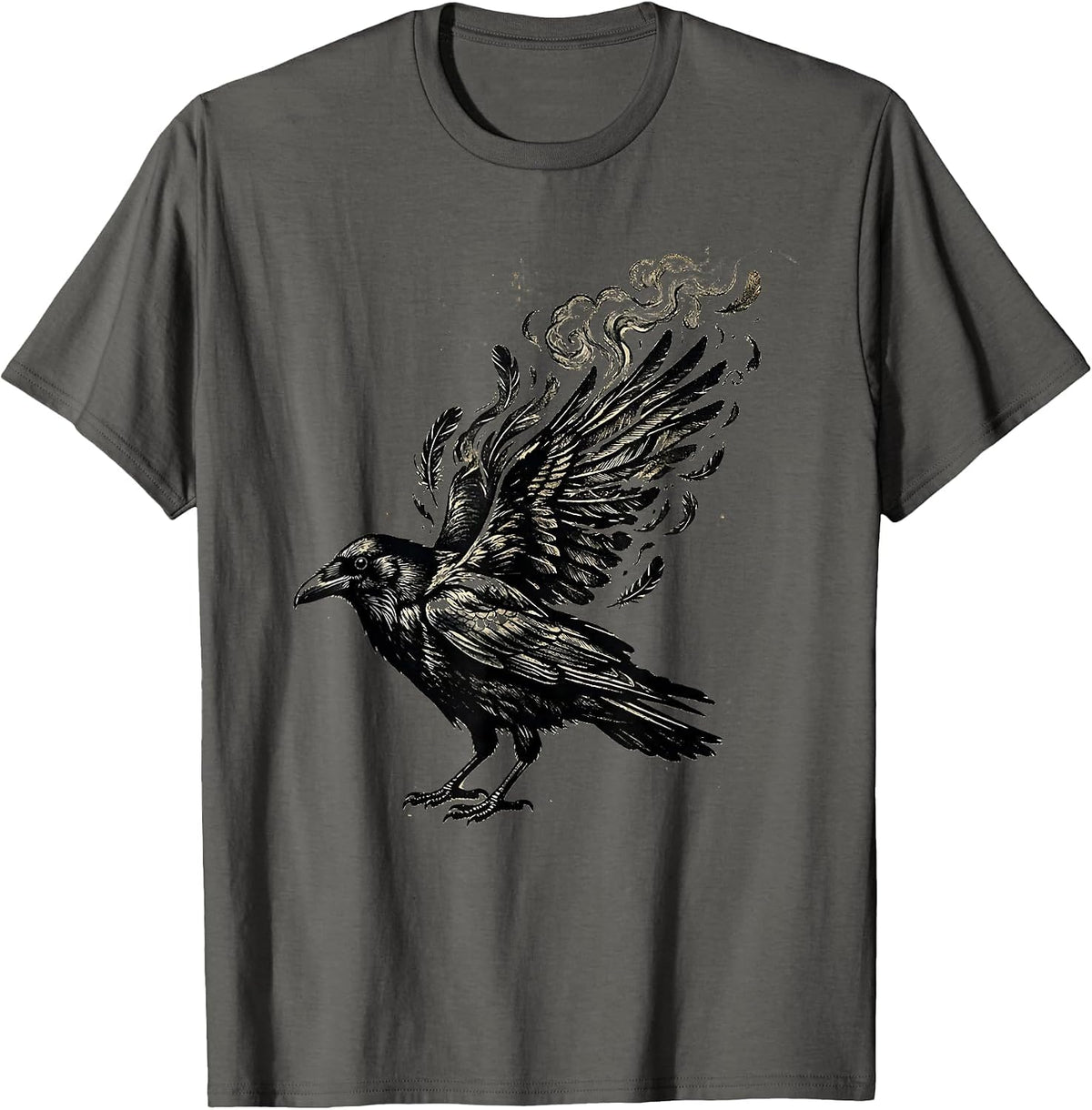 Men's Crow Dissolving Into Coffee Steam Art Design T-Shirt - Asphalt Grey
