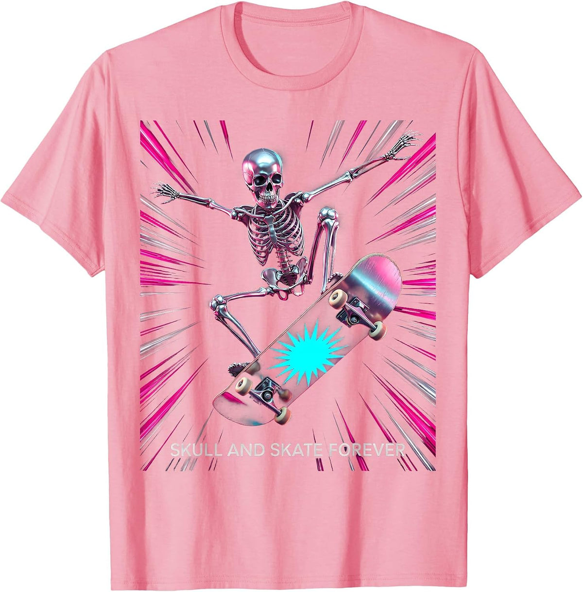 Men's Skull and Skate Forever Skeleton Skateboarding Design T-Shirt - Pink
