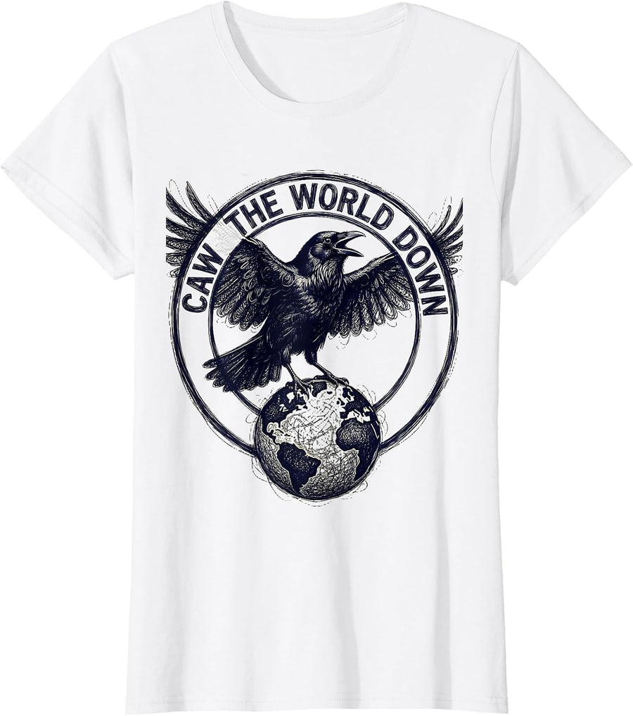Women's Caw The World Down Crow Graphic Design T-Shirt - White