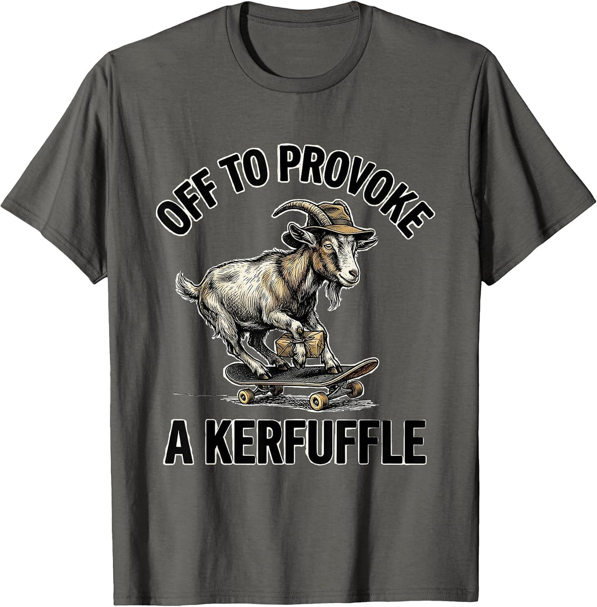 Men's Off To Provoke A Kerfuffle Hand Sketched Whimsical Goat T-Shirt - Asphalt Grey