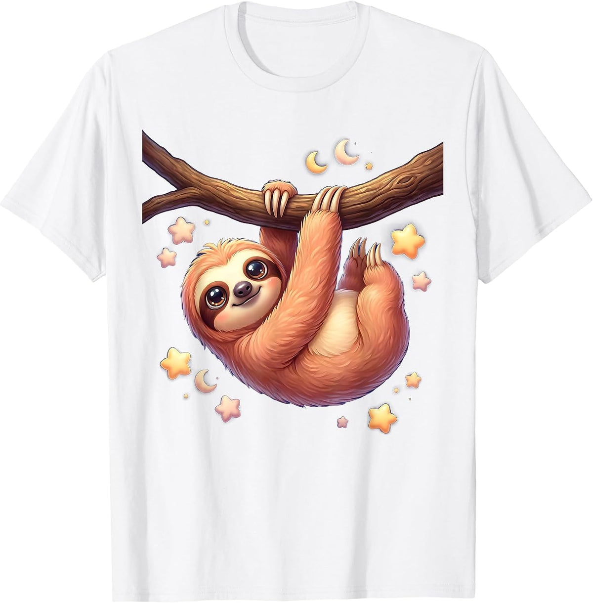 Men's Sloth Hanging From Branch Under Starry Night Sky T-Shirt - White
