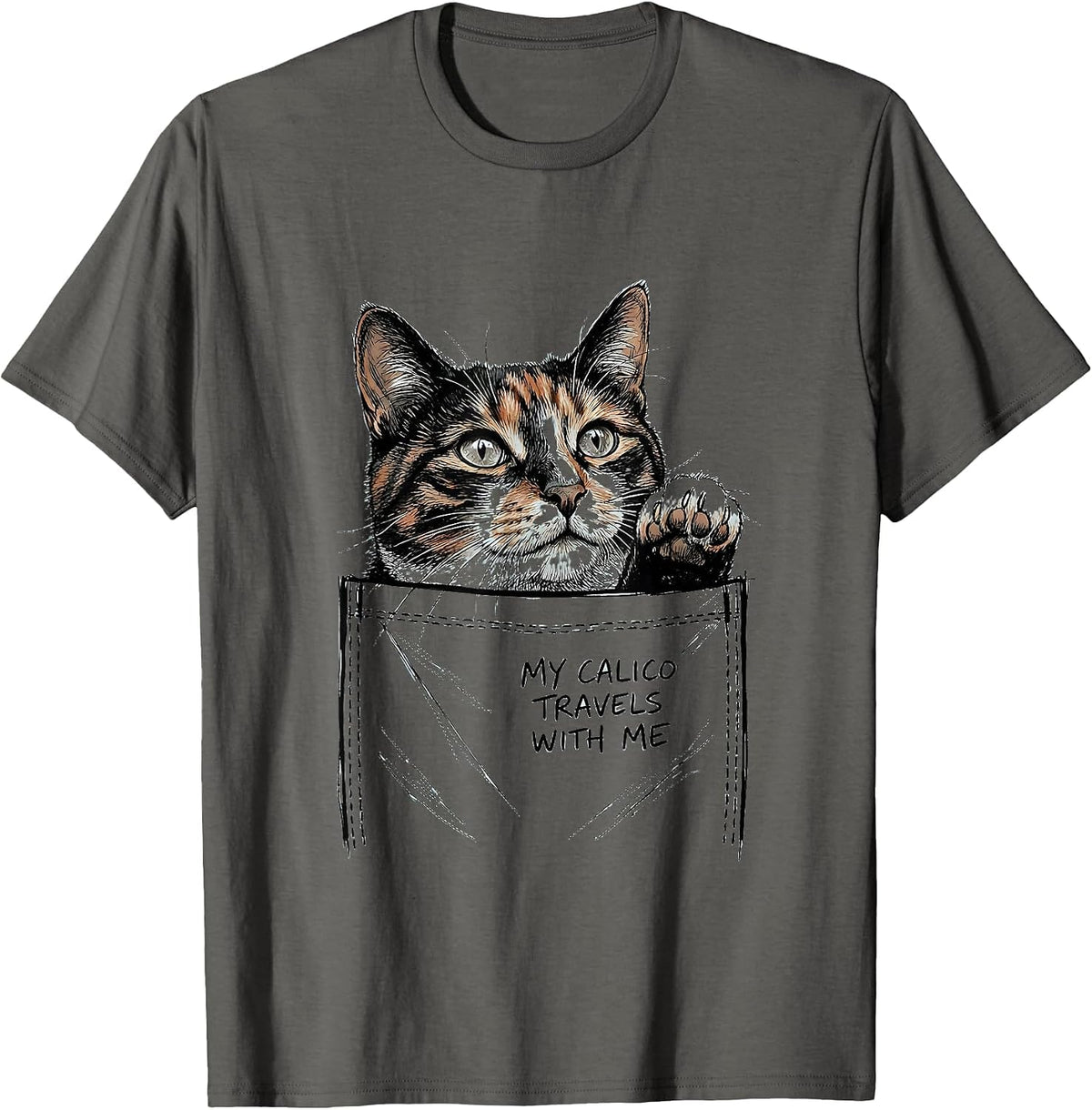 My Calico Travels With Me Cute Cat Lover Hand-Sketched Pet T-Shirt - Asphalt Grey