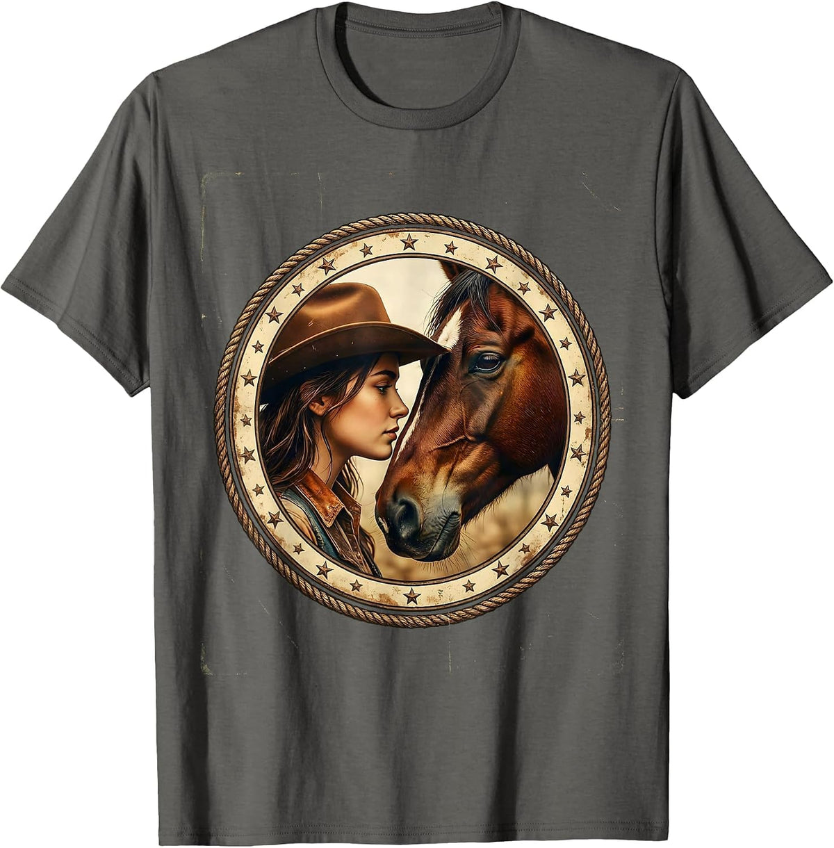 Cowgirl and Horse Nose-to-Nose Portrait Rodeo T-Shirt - Asphalt Grey