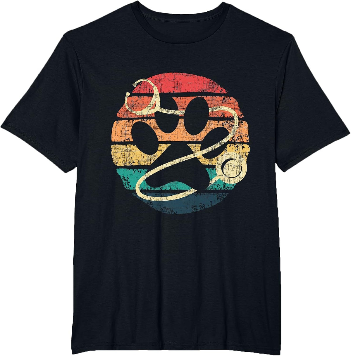 Retro Stethoscope - Dog Paw Print Veterinarian Veterinary T-Shirt - Black