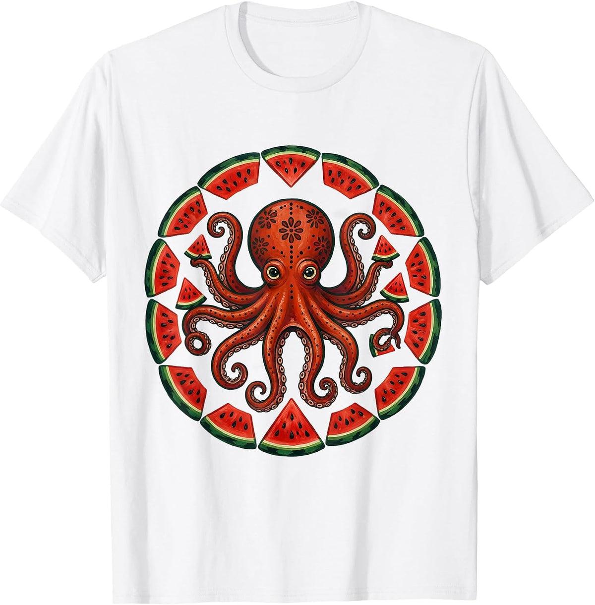 Men's Octopus Watermelon Slice Funny Summer Design T-Shirt - White