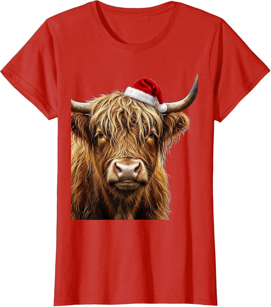 Women's Shaggy Highland Cow Santa Hat Whimsical Festive Humor T-Shirt - Red