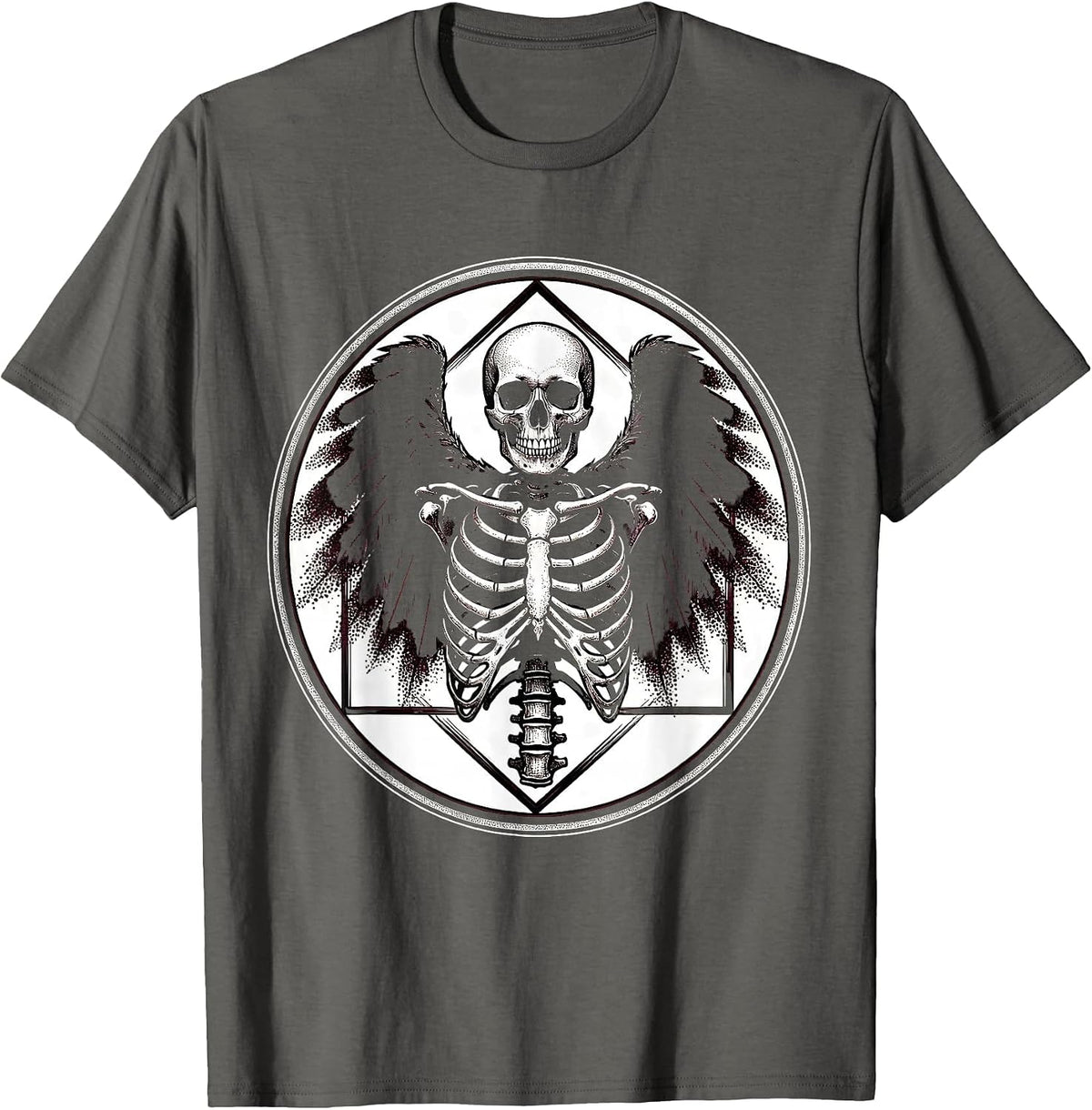 Men's Crow Skeleton Wings Spread Dark Gothic Art T-Shirt - Asphalt Grey