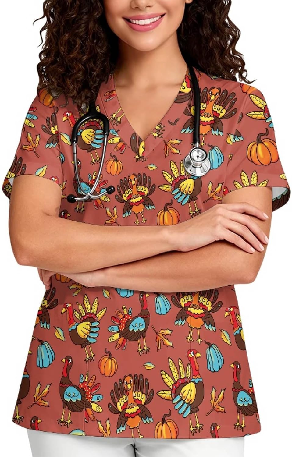 Scrub Tops for Women V Neck Nurse Workwear Uniforms 2 Pockets - Thanksgiving Turkey Print