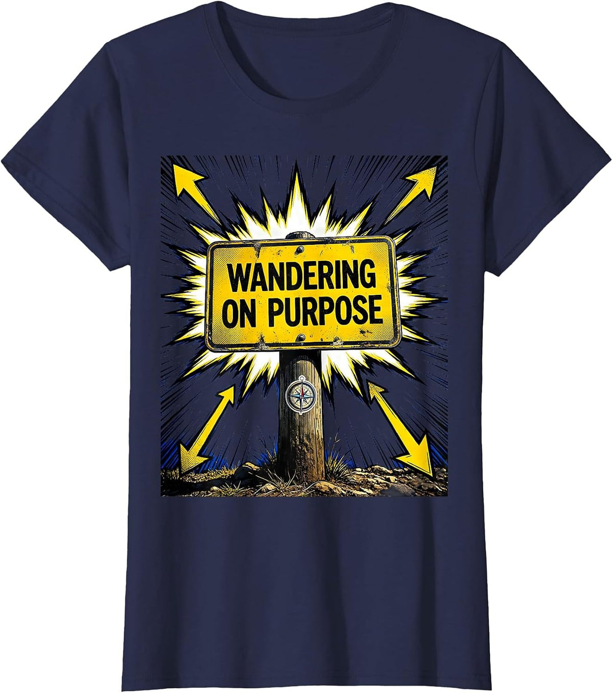 Women's Wandering on Purpose Tourist Traveler Design T-Shirt - Navy Blue