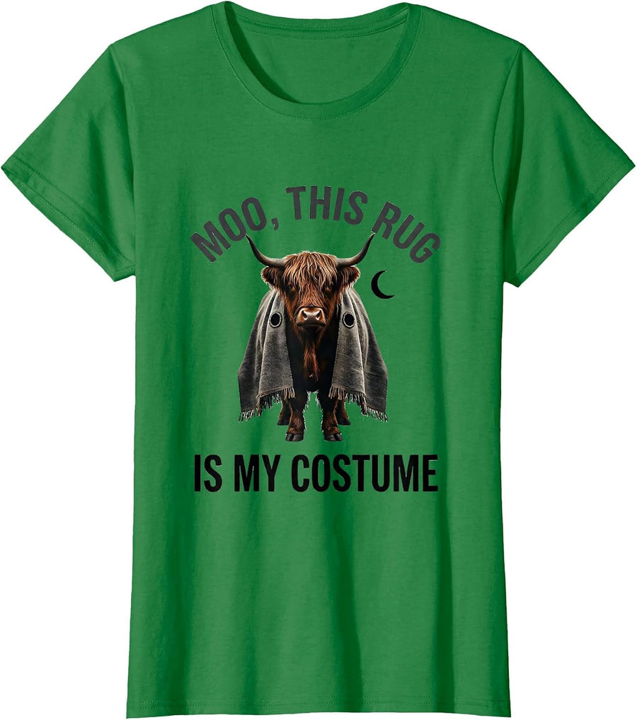 Women's Moo This Rug Is My Costume Funny Highland Cow Halloween T-Shirt - Kelly Green