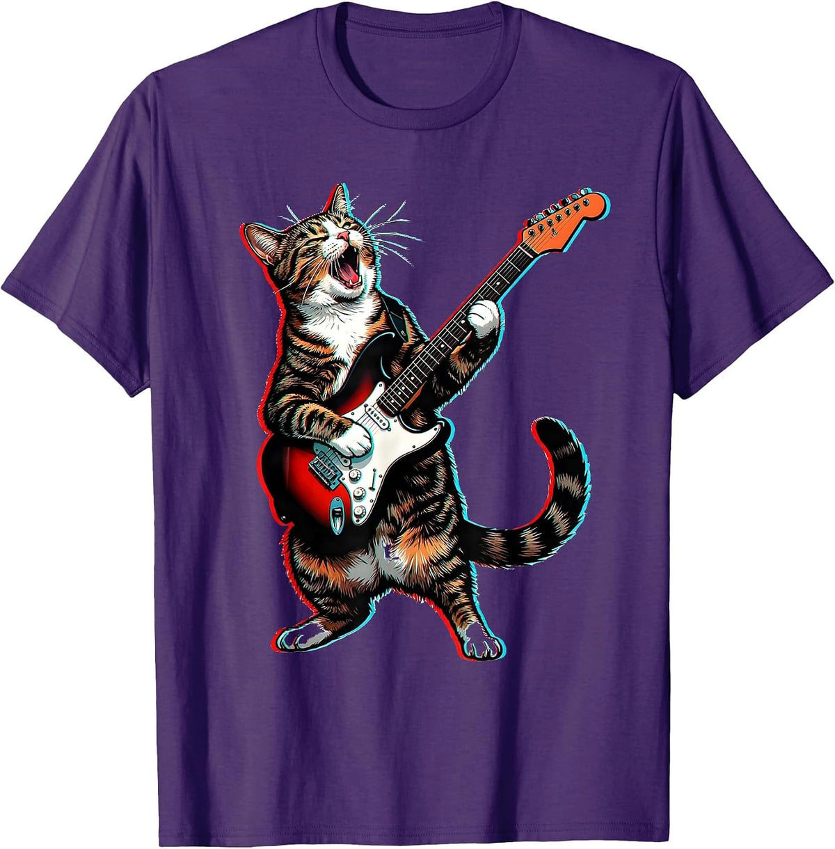 Rock Guitarist Cat Pop Art Funny Cat Lover Gift T-Shirt - Purple