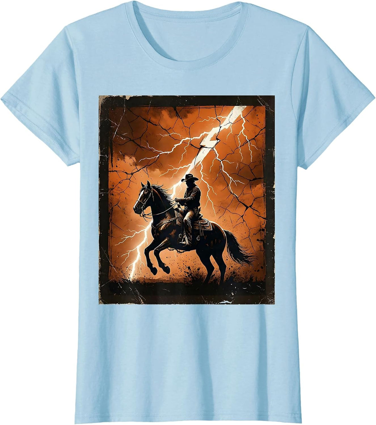 Women's Cowboy Riding Horse Through Lightning Storm T-Shirt - Baby Blue