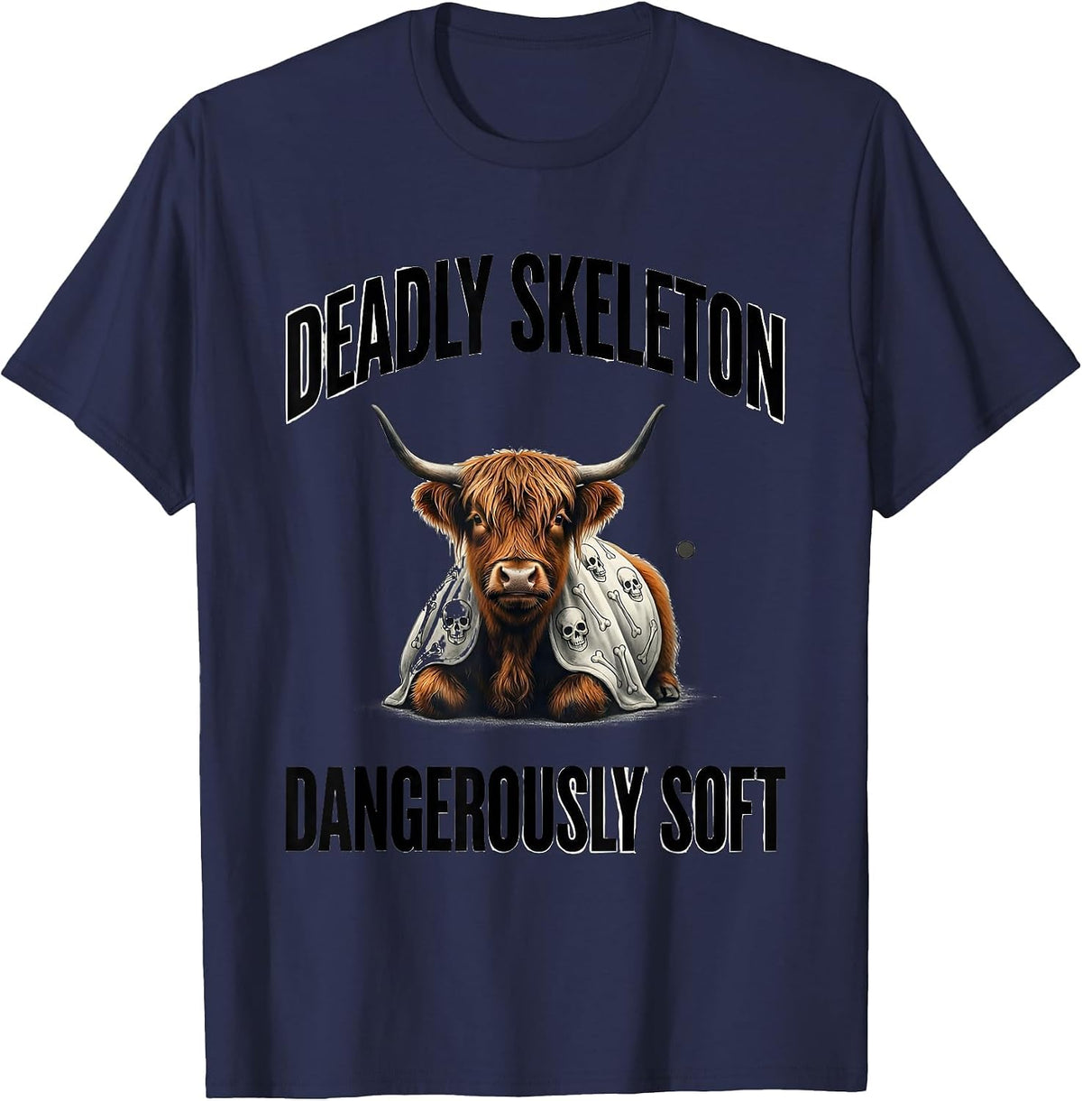 Deadly Skeleton Dangerously Soft Cute Highland Cow Halloween T-Shirt - Navy Blue