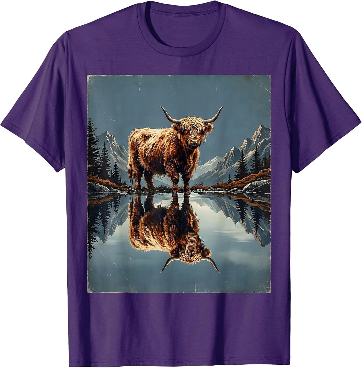 Highland Cow Reflection Mountain Lake Illustration T-Shirt - Purple
