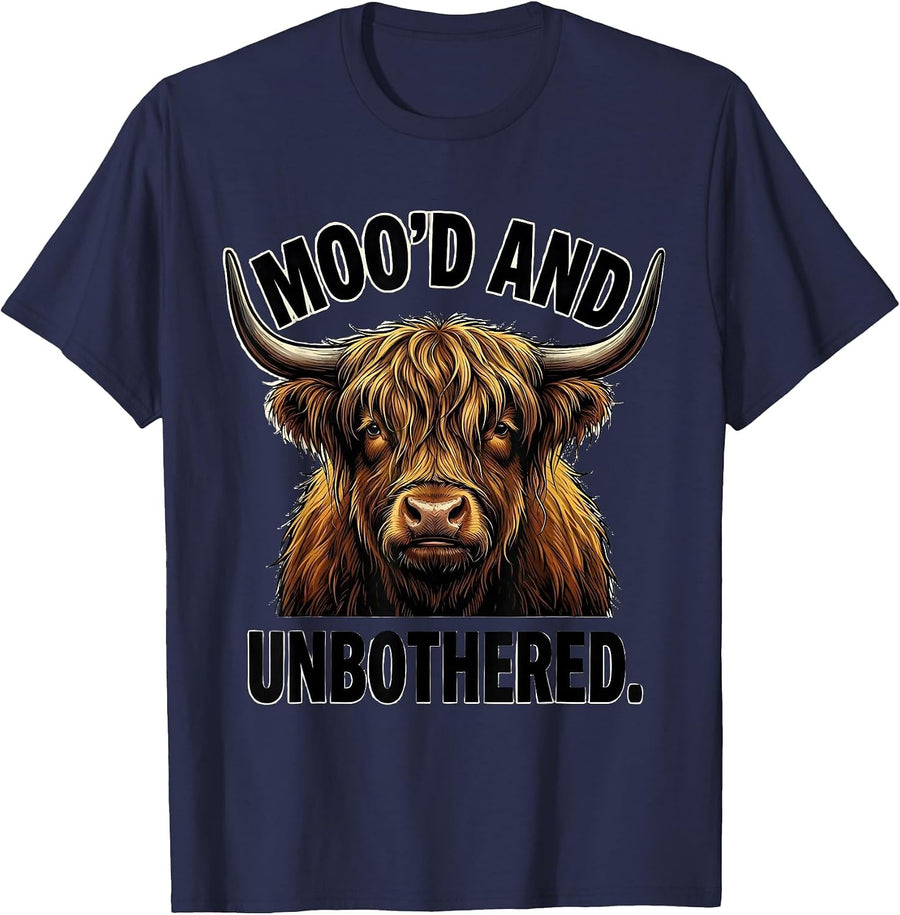 Moo'd And Unbothered Funny Highland Cow Farm Animal Lover T-Shirt - Navy Blue