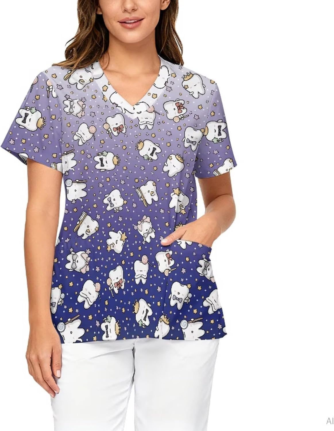 Women Scrub Tops,Short Sleeve V-Neck Medical Nursing Uniforms - Cartoon Tooth Print