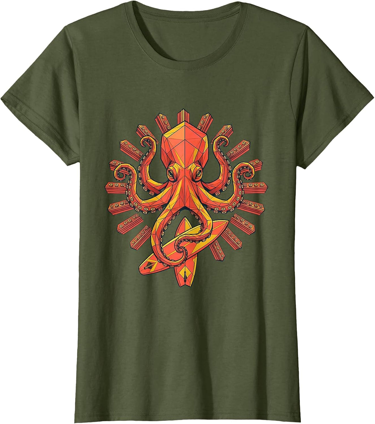 Women's Octopus Surfer Hawaiian Graphic Tee for Kids T-Shirt - Olive Green