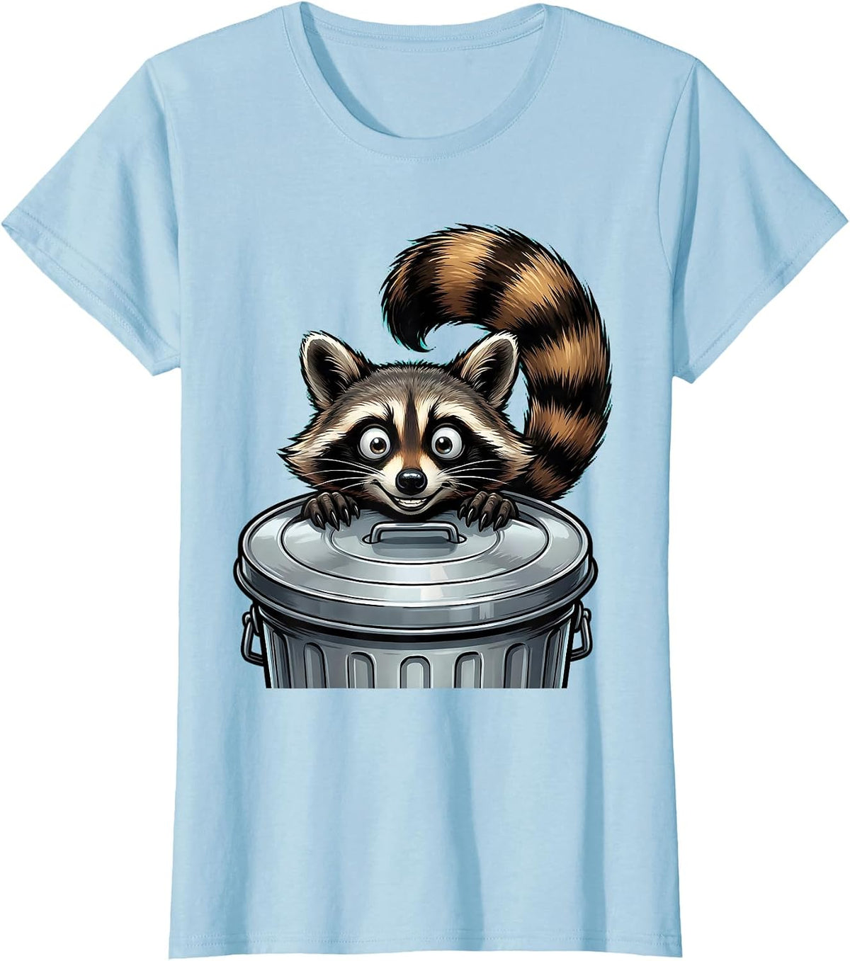 Raccoon Peeking Over Garbage Can Lid T-Shirt - Baby Blue