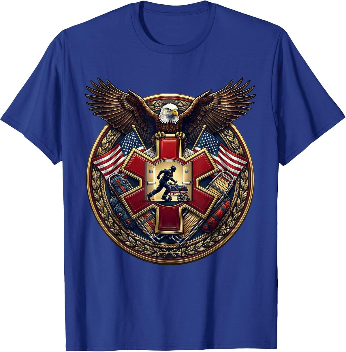 Emergency Department Paramedic Sprinting Stretcher Tee T-Shirt - Royal Blue