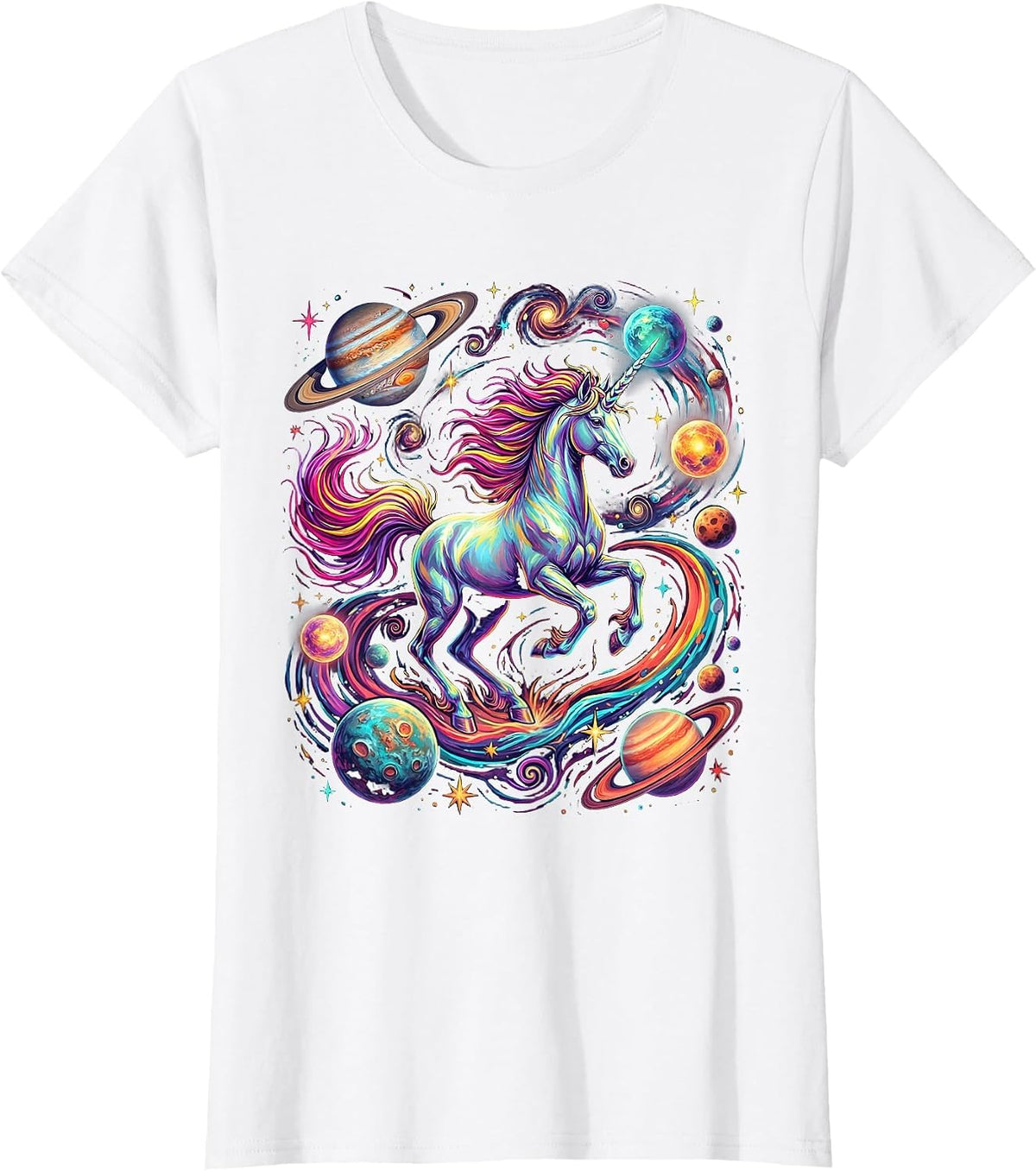 Women's Unicorn Floating in Outer Space With Planets T-Shirt - White
