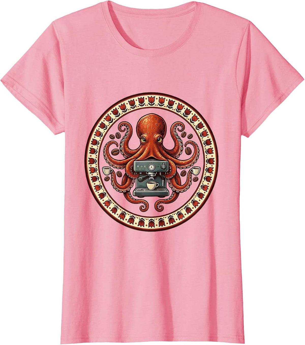 Women's Octopus Barista Espresso Machine Coffee Art T-Shirt - Pink