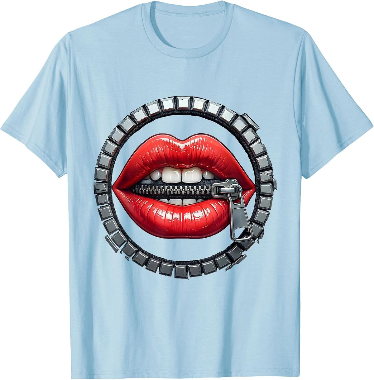 Zipped Mouth Shut Graphic Design T-Shirt - Baby Blue
