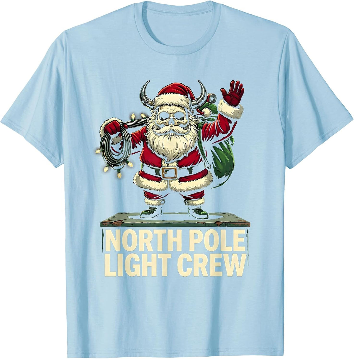 Men's North Pole Light Crew Cartoon Heavy Metal Santa Claus T-Shirt - Baby Blue