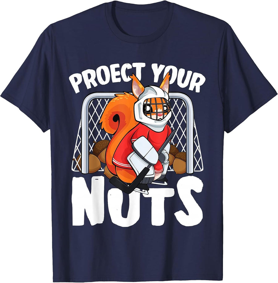 Protect Your Nuts Funny Squirrel Ice Hockey Goalie T-Shirt - Navy Blue