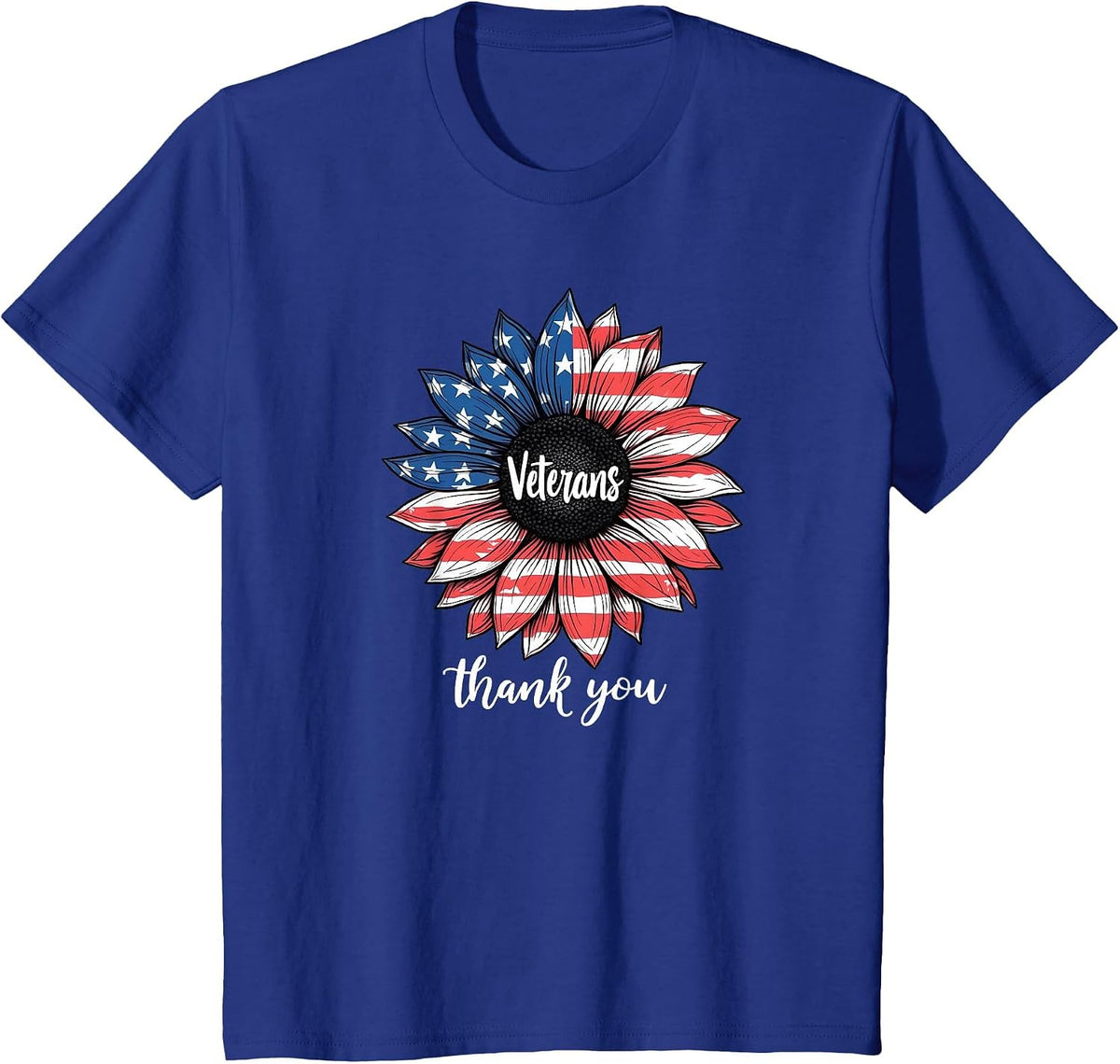 Thank You Veterans Sunflower US America Flag Patriotic Women T-Shirt - Royal Blue