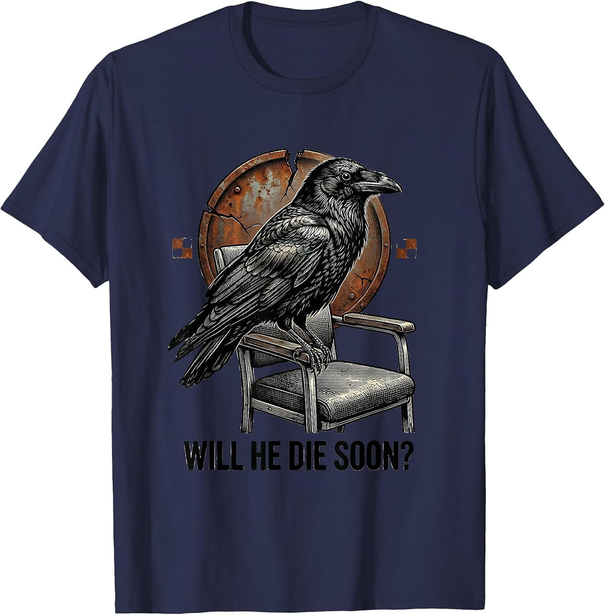 Men's Will He Die Soon? Dark Humor Crow Gothic Animal Joke T-Shirt - Navy Blue