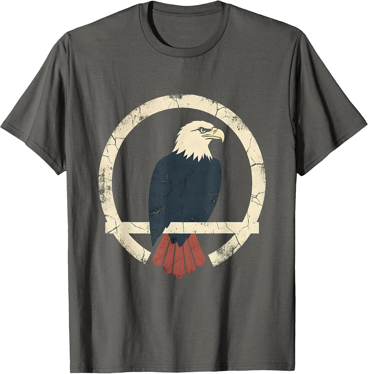 Men's Red White and Blue Bald Eagle Perched on Branch T-Shirt - Asphalt Grey