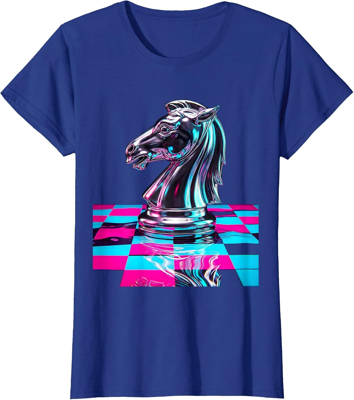 Women's Chess Knight Checkered Board Graphic Design T-Shirt - Royal Blue