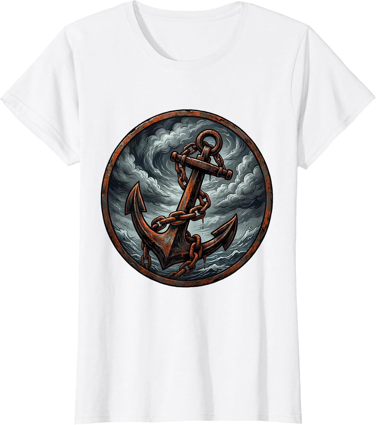 Chained Anchor Storm Clouds Grunge Graphic T-Shirt - White