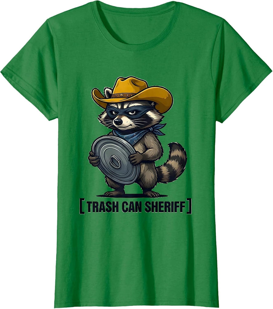 Women's Trash Can Sheriff Cartoon Raccoon Cowboy Novelty Humor T-Shirt - Kelly Green