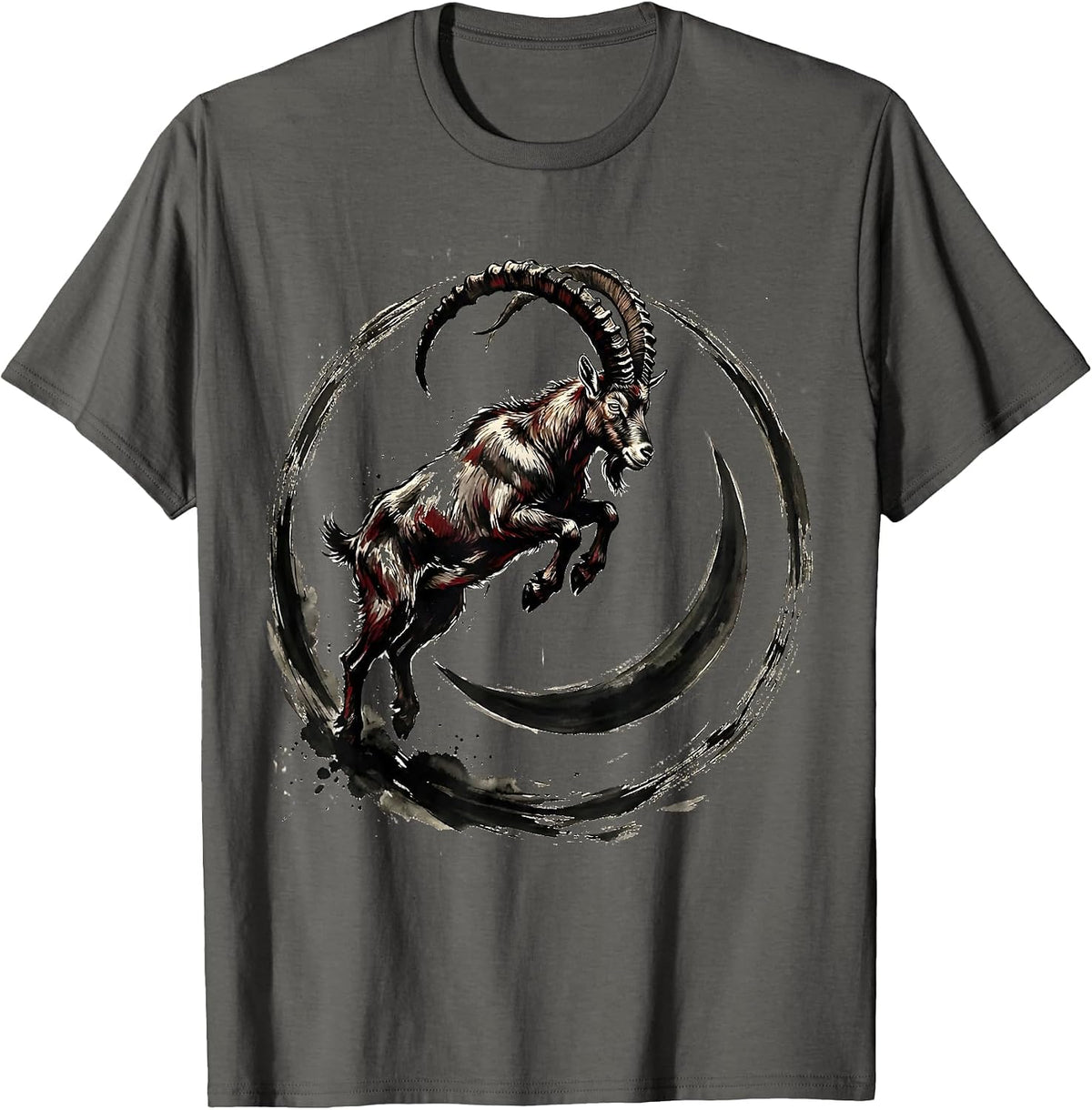 Goat Leaping Over Crescent Moon Illustration T-Shirt - Asphalt Grey