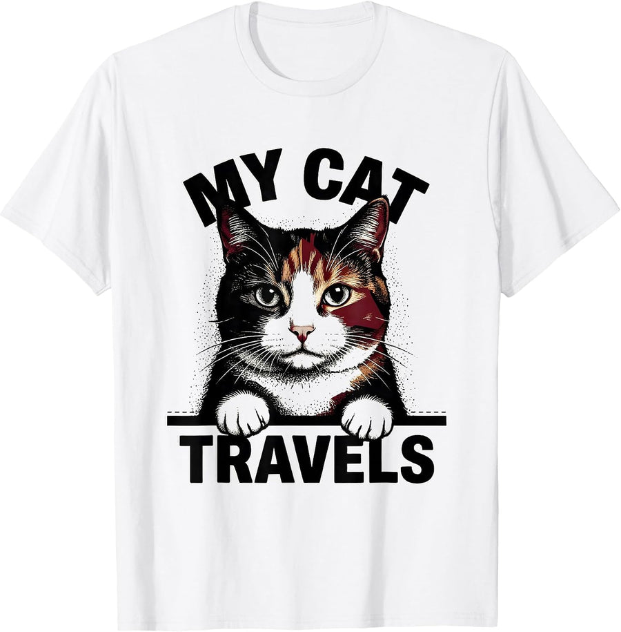 Men's My Cat Travels Funny Cat Lover Novelty Pet Portrait T-Shirt - White