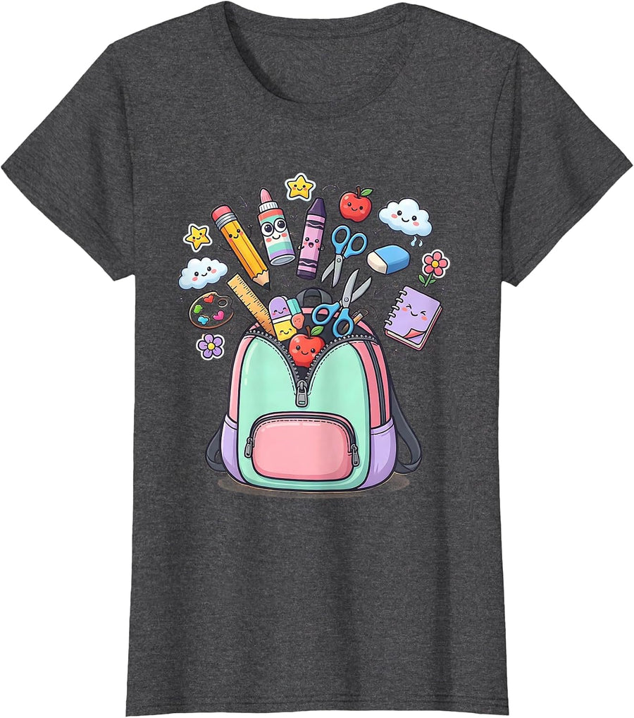 Women's Preschool Teacher Overflowing Backpack Graphic T-Shirt - Dark Heather Grey