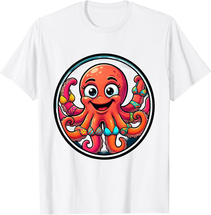Men's Octopus Wearing Colorful Bikini Tops Graphic Tee T-Shirt - White