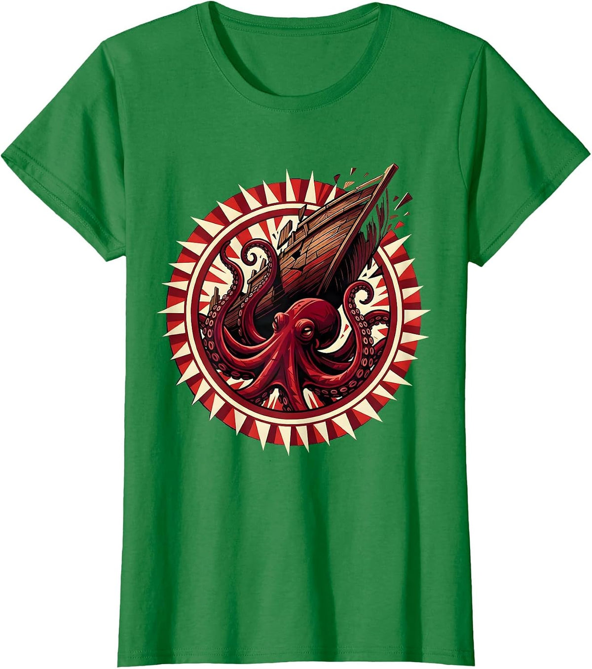 Giant Octopus Attacking Ship Anime Graphic T-Shirt - Kelly Green