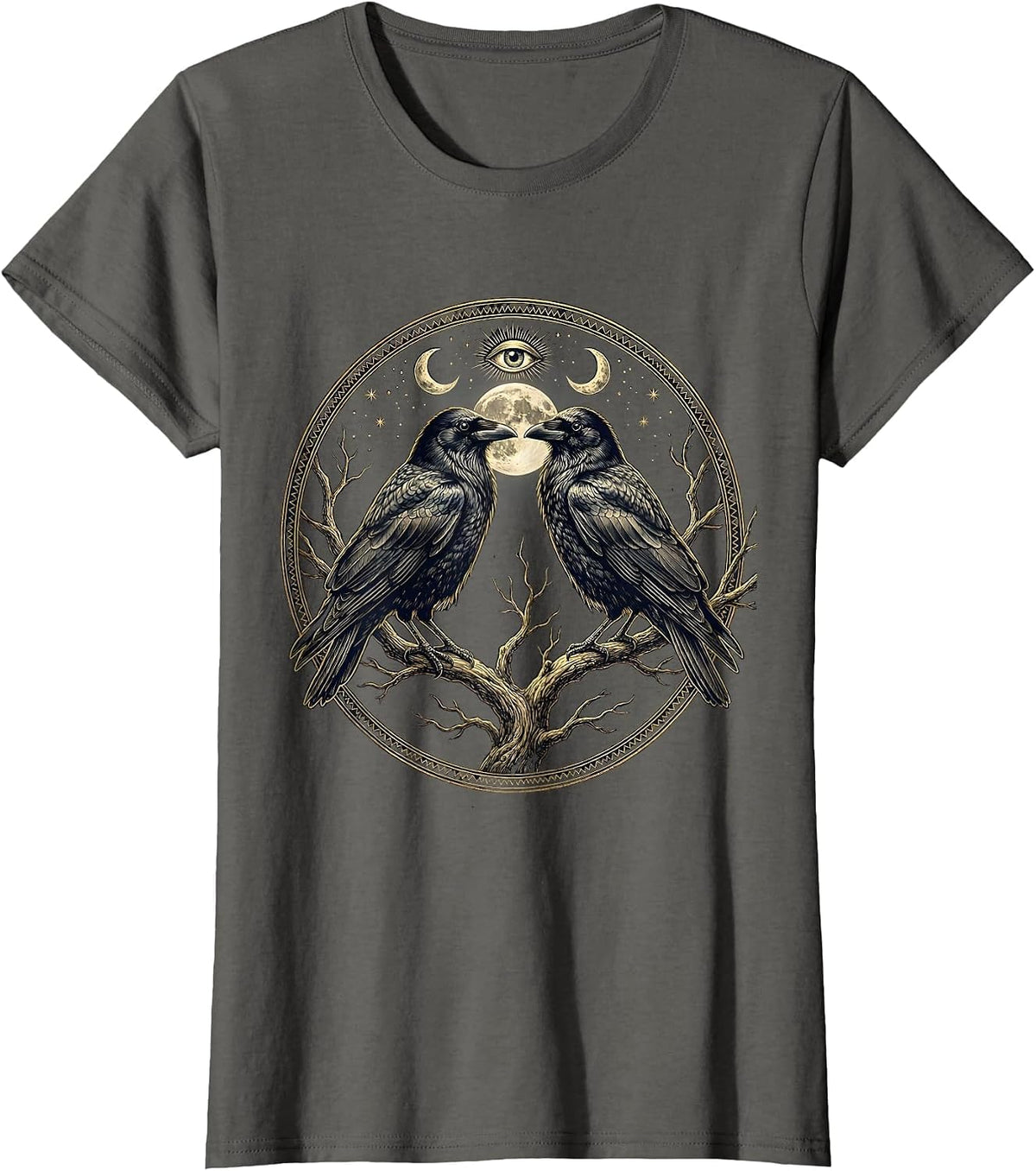 Women's Two Crows on a Branch Graphic Design T-Shirt - Asphalt Grey