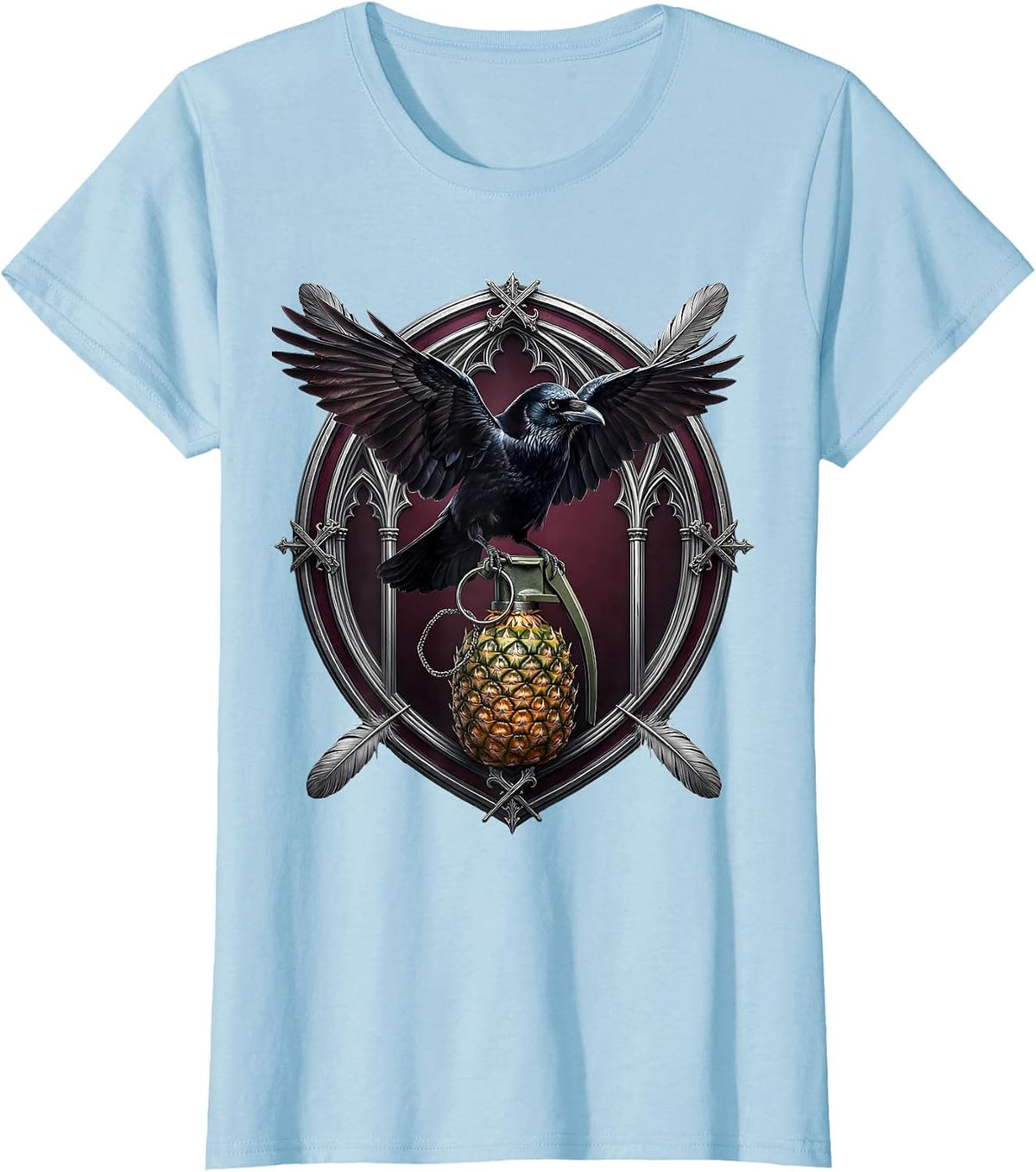 Crow Perched on Grenade Dark Art Illustration T-Shirt - Baby Blue