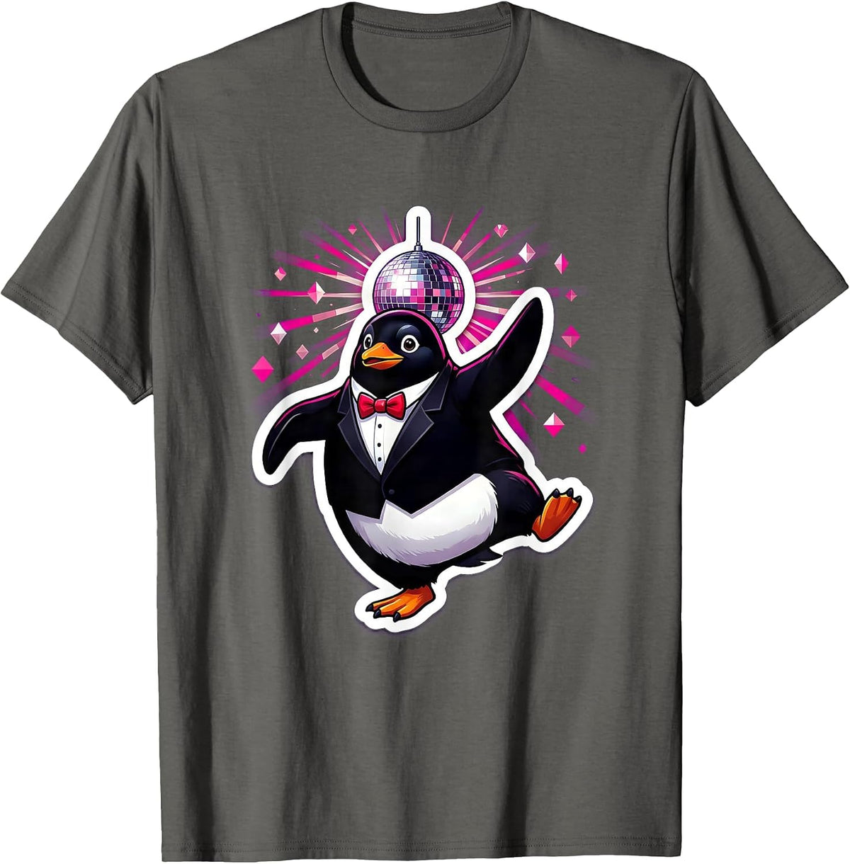 Men's Penguin in Tuxedo Dancing Under Disco Ball T-Shirt - Asphalt Grey