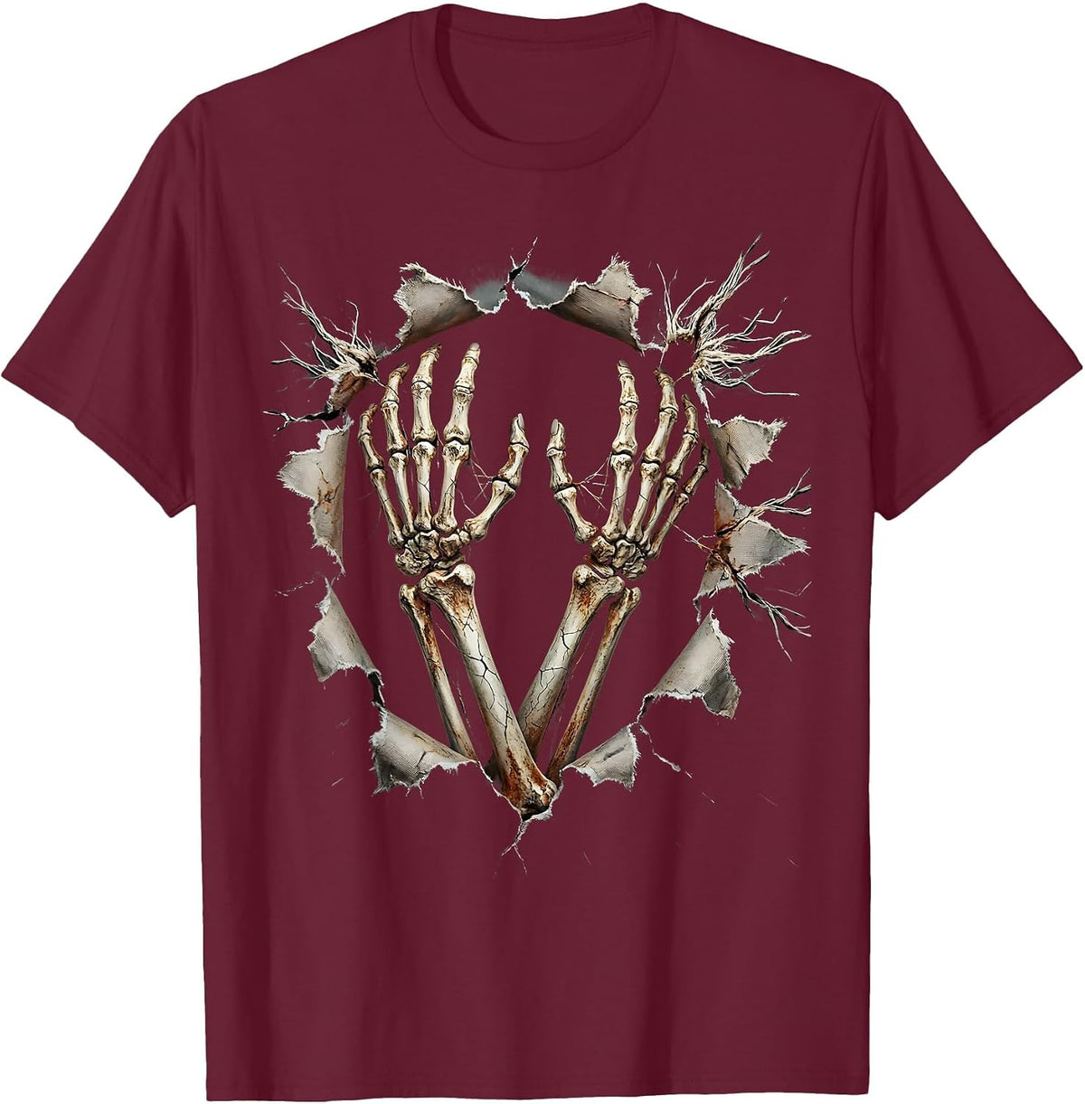 Men's Skeleton Hands Breaking Through Torn Fabric T-Shirt - Burgundy