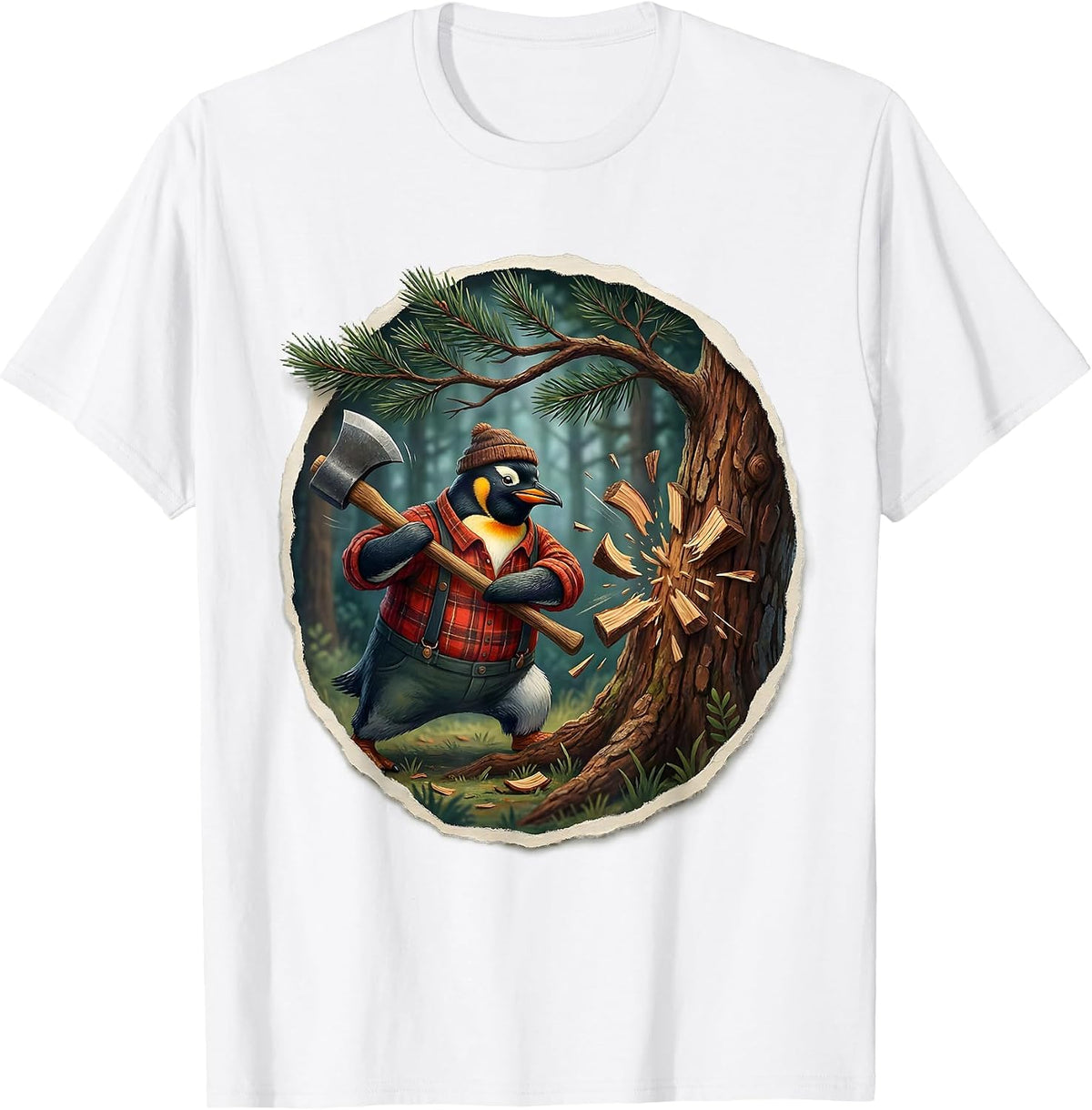Men's Penguin Lumberjack Swinging Axe at Giant Tree T-Shirt - White